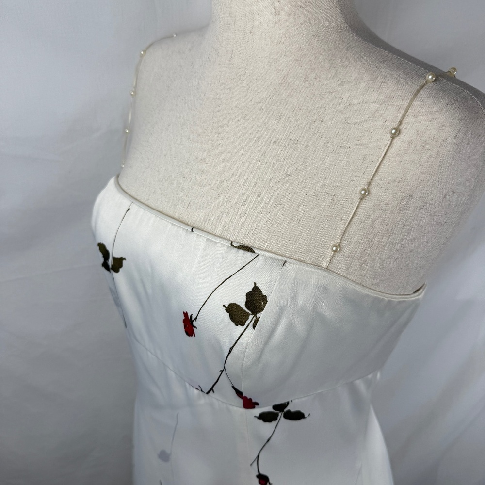 White Satin Red Roses Pearl Strap Empire Maxi Dress Sz 14 A.B.S. Evening Bridal
